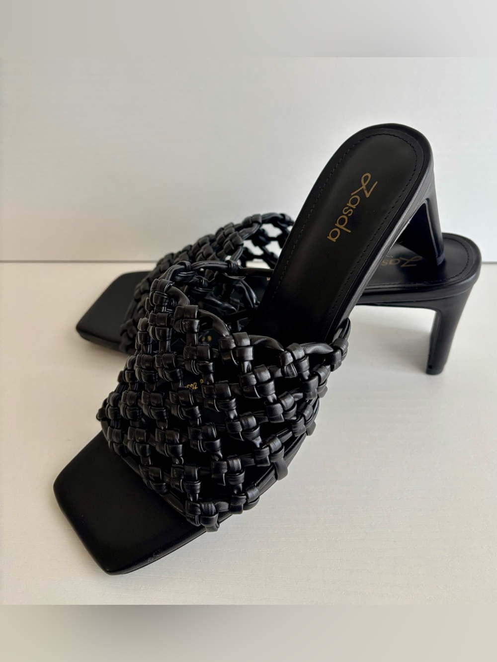 Woven black mule chunky heels , run wide New in box